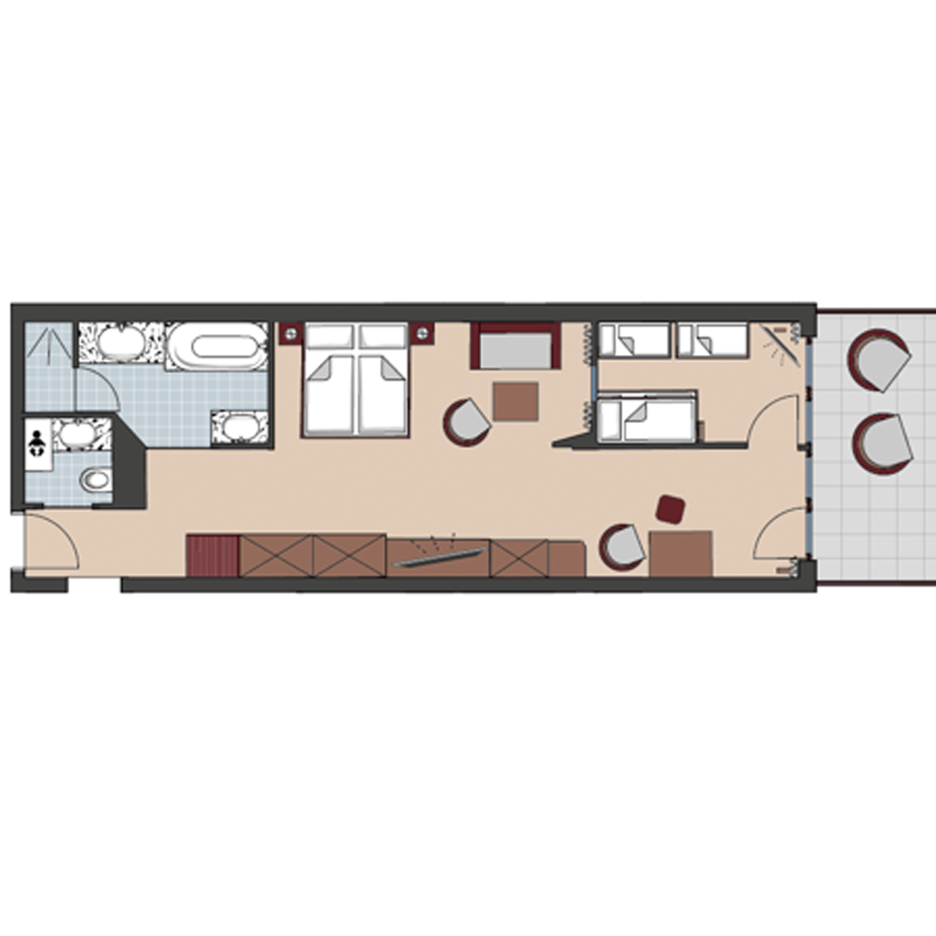 Grundriss einer Ferienwohnung im Familienresort Buchau mit Schlafzimmer, Bad und Terrasse