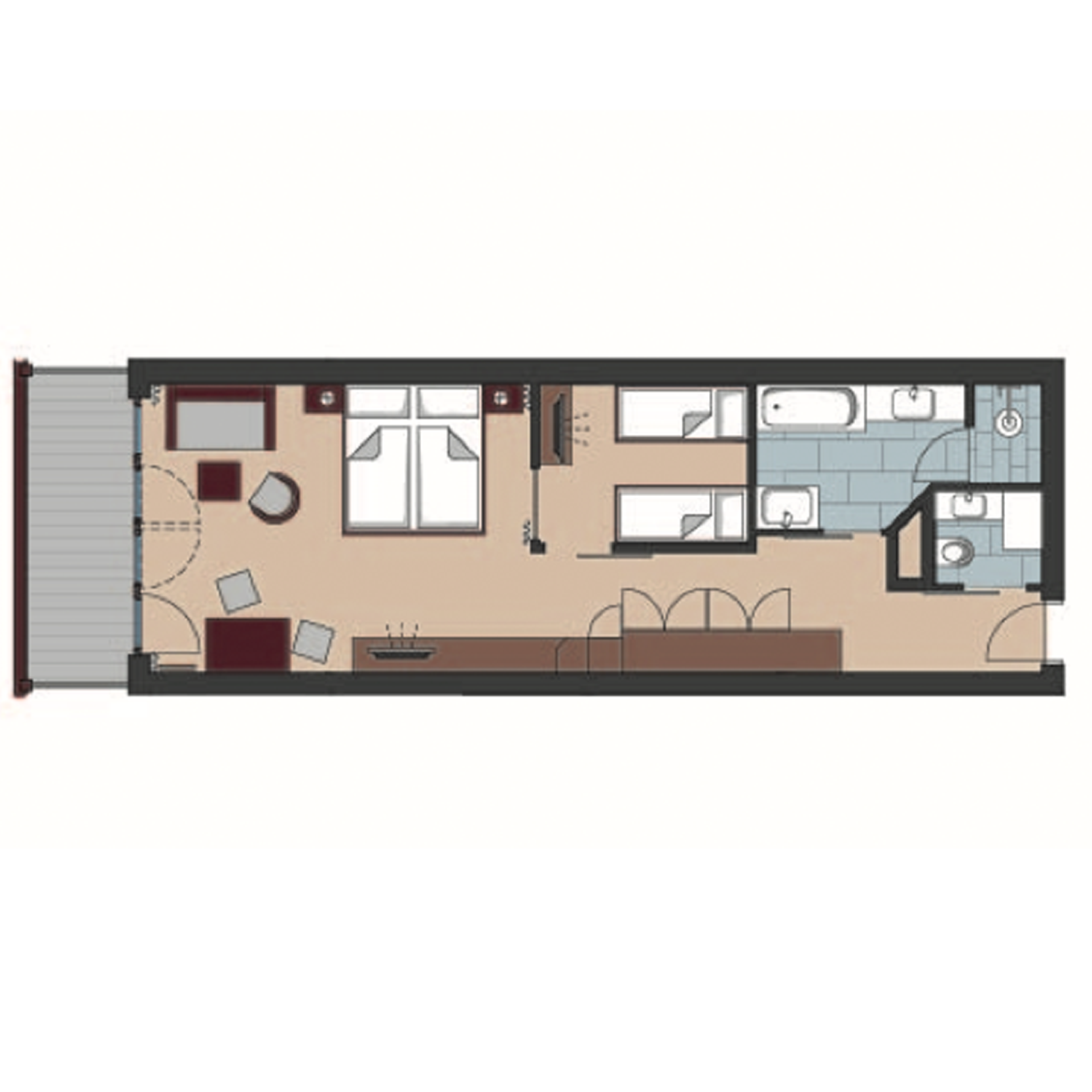 Floor plan of a family apartment at Familienresort Buchau with balcony and bathroom