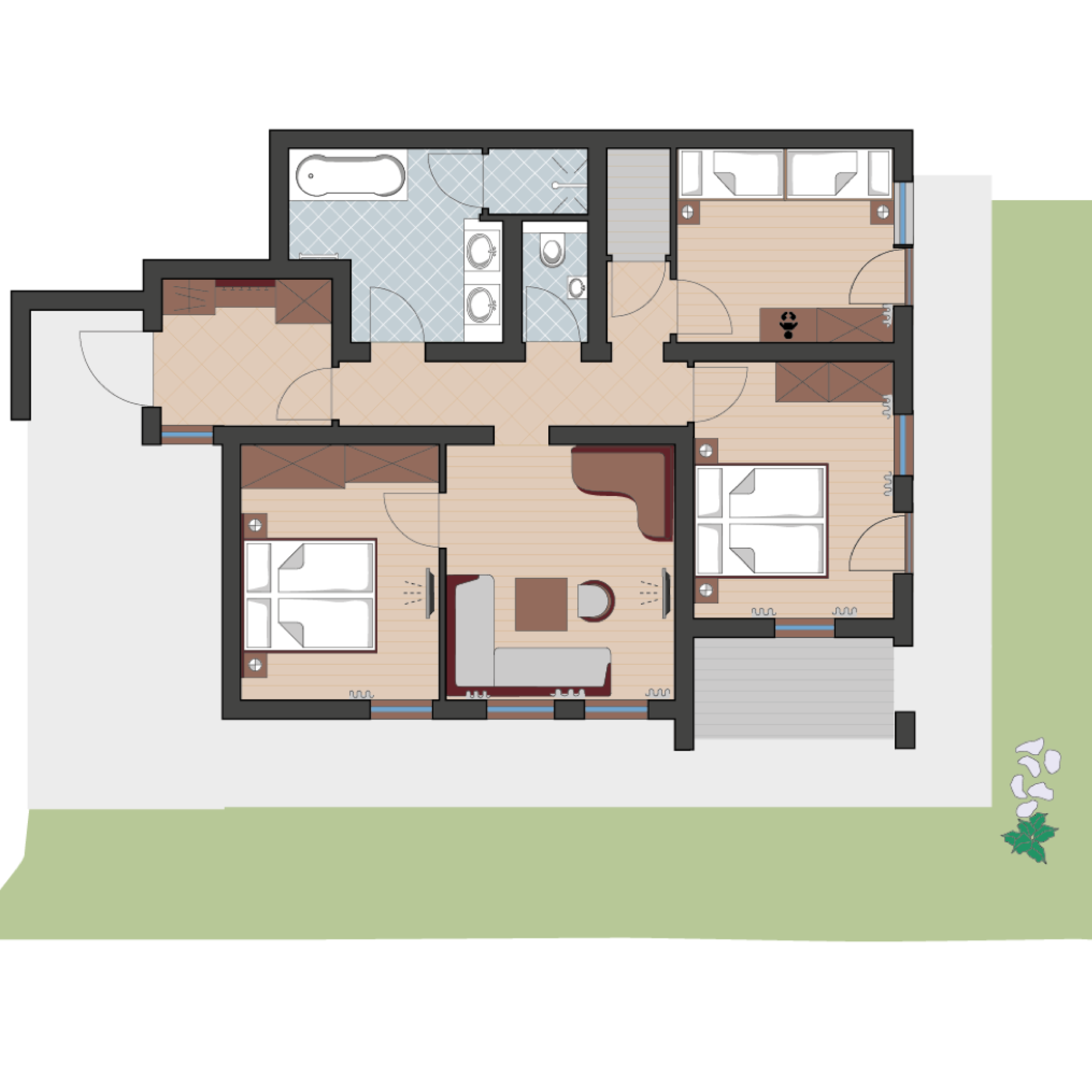 Grundriss eines Apartments im Familienresort Buchau mit zwei Schlafzimmern und Bad