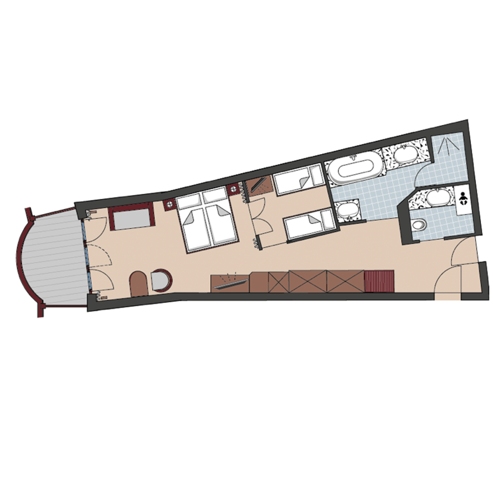 Grundriss eines Zimmers im Familienresort Buchau mit Bad und Balkon