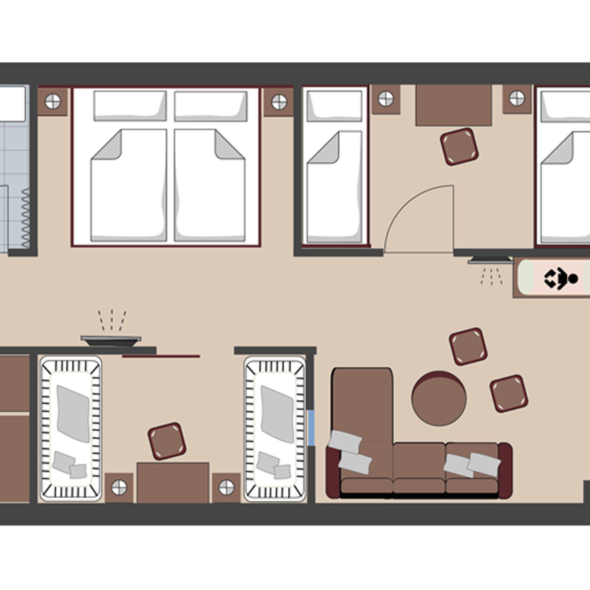 Floor plan of a holiday apartment at Familienresort Buchau with bedroom and living area