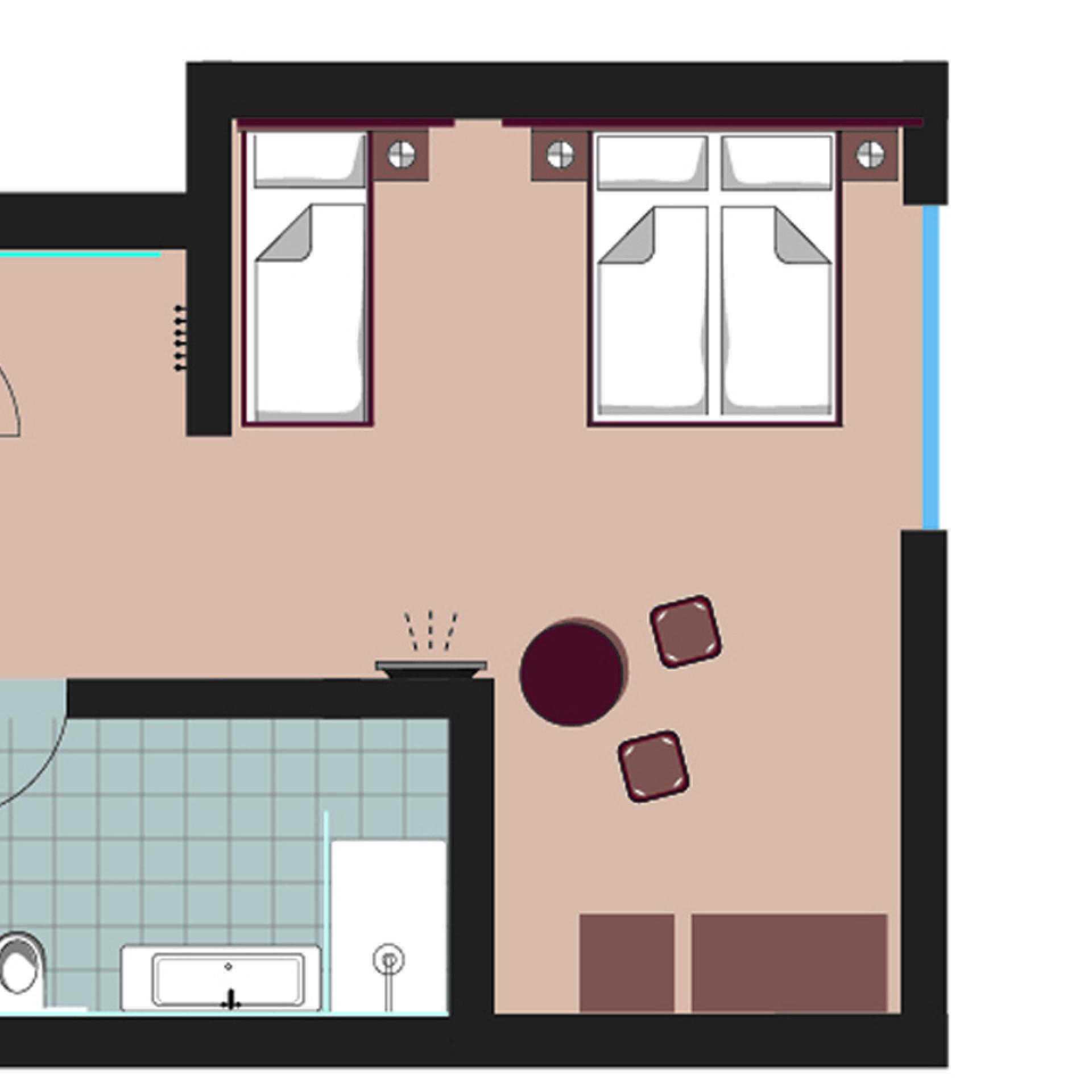 Floor plan of a room at Familienresort Buchau with sleeping and bathroom areas