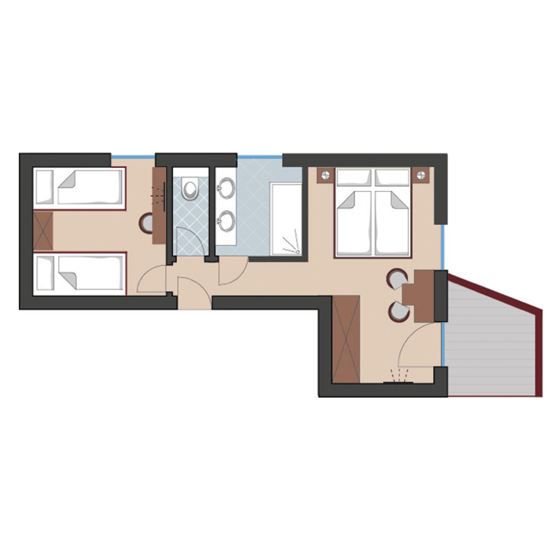 Floor plan of a family apartment at Familienresort Buchau with bedrooms and bathroom
