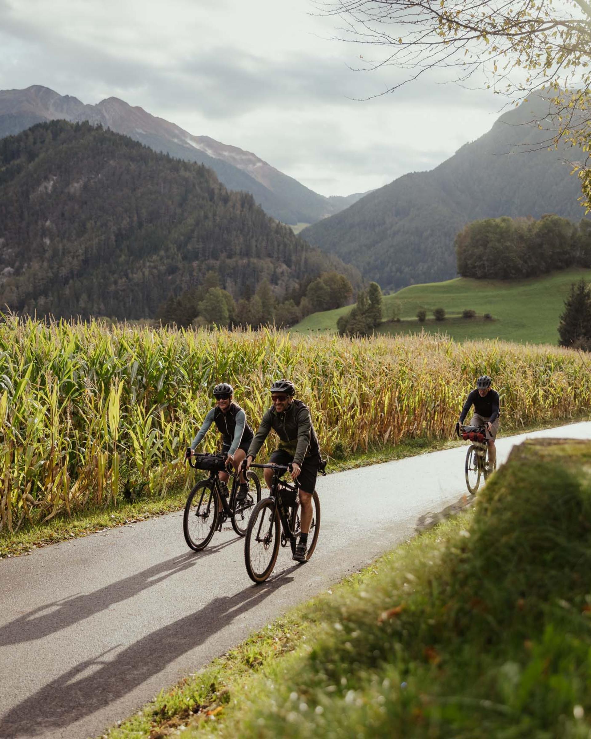 Cyclists riding past a cornfield in a mountain valley – Schwarzer Adler