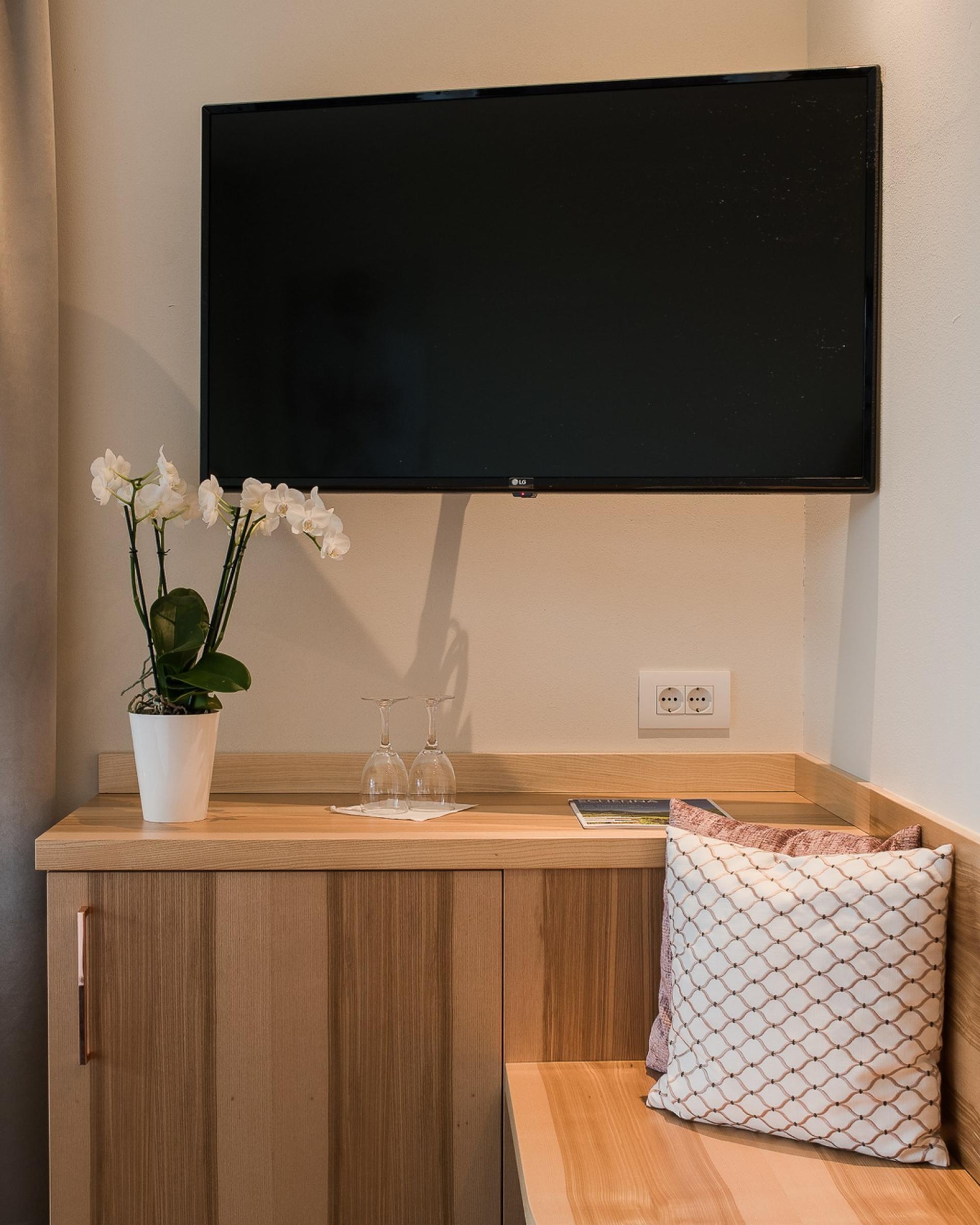Fernseher über Holzkommode mit Pflanze im Alpenpalais Kröll