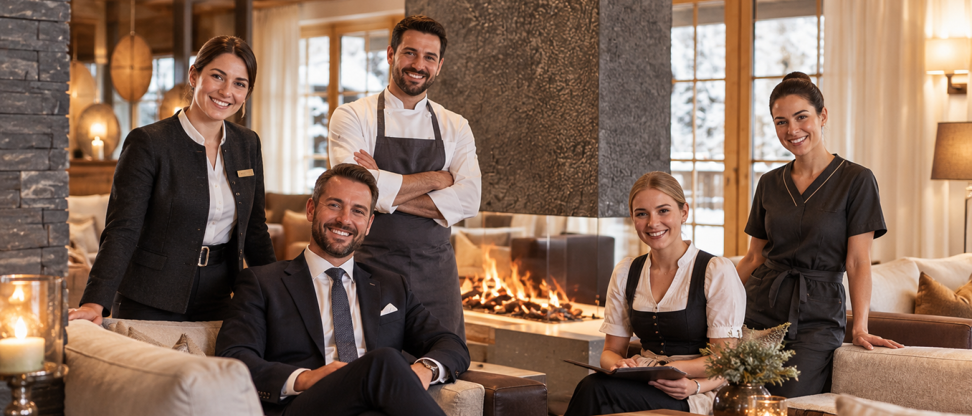 Team des Hotel Jagdhof Pfurtscheller in der Lounge vor dem Kamin