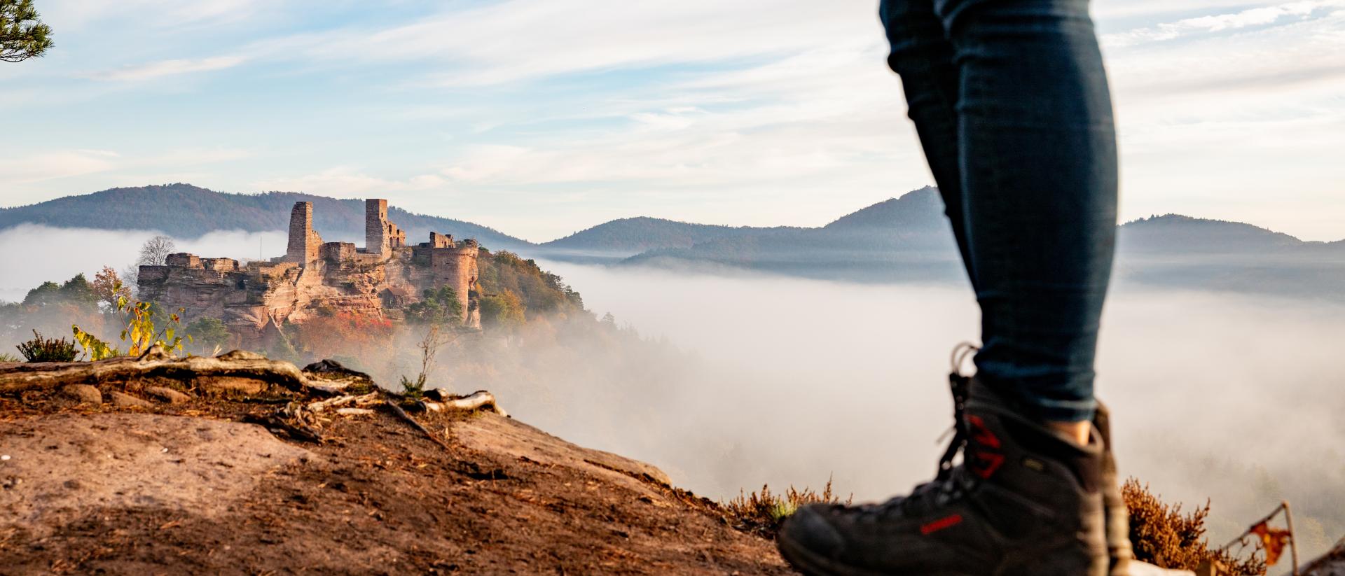 Pfalzblick Wald Spa Resort Aussicht auf Burg und Nebel von einem Wanderer