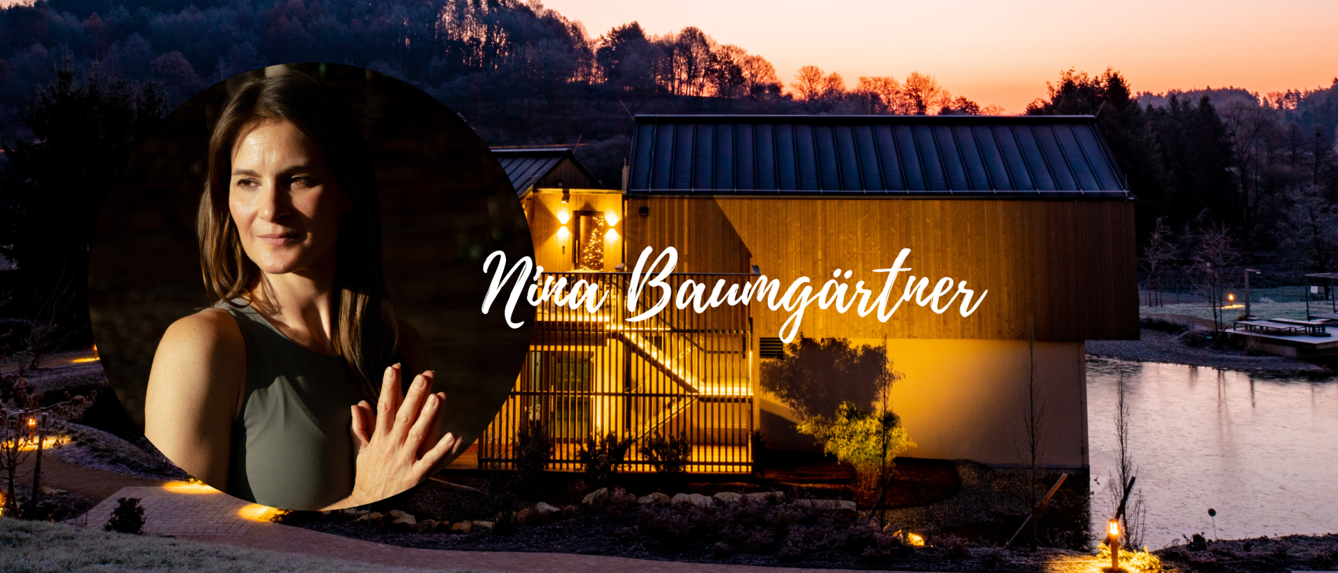 Pfalzblick Wald Spa Resort at sunset with woman in meditation pose