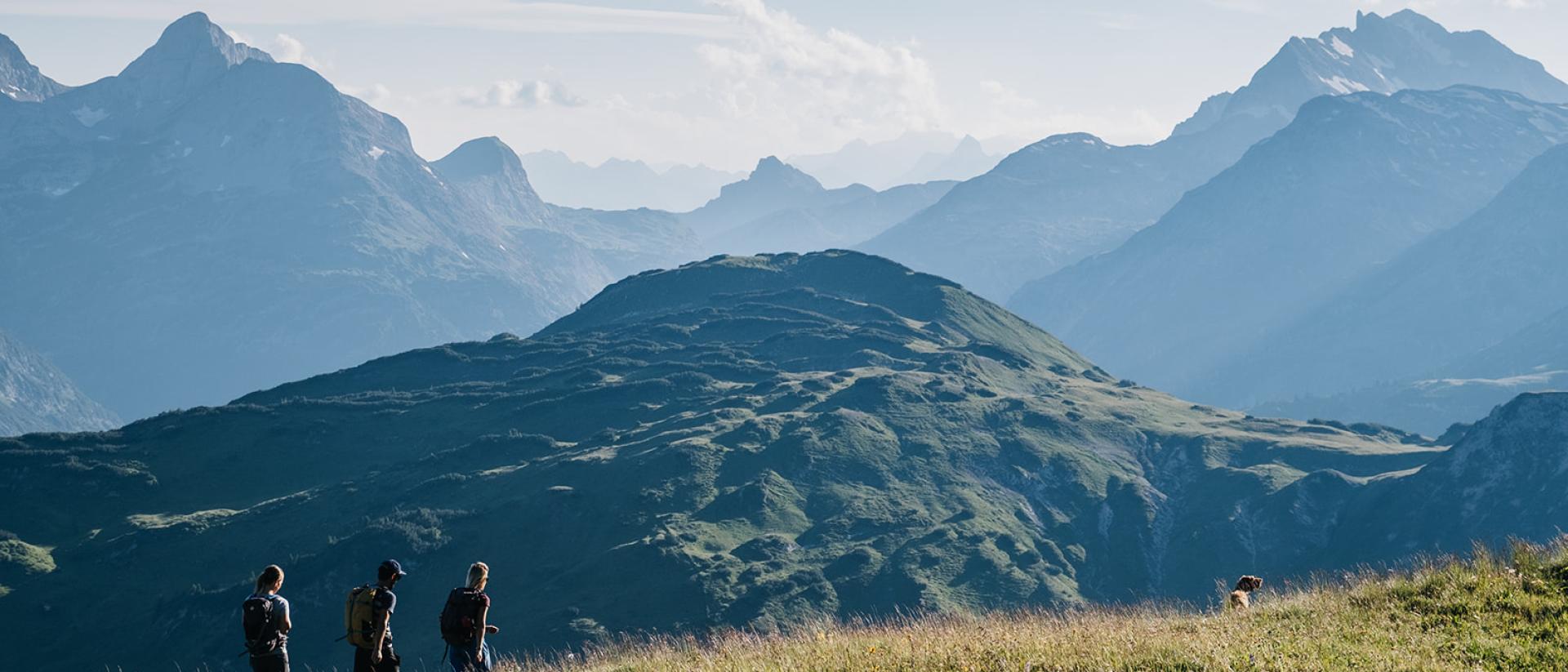 Hotel Aurora Wanderer auf grünem Hügel mit Alpen im Hintergrund