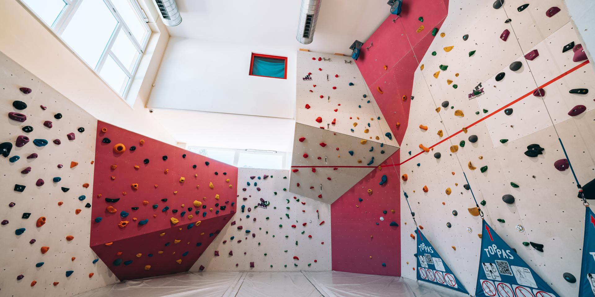 Kletterwand im Familienresort Buchau mit bunten Griffen und hoher Decke