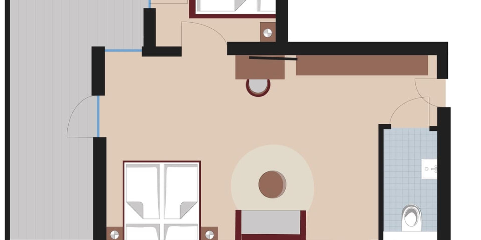 Grundriss einer Ferienwohnung im Familienresort Buchau mit Schlafzimmern und Bad