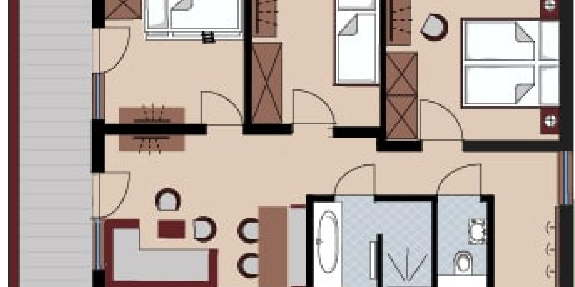 Grundriss einer Wohnung im Familienresort Buchau mit Schlafzimmern und Wohnbereich