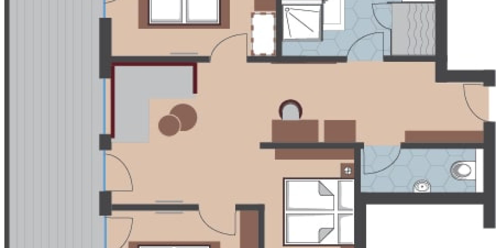 Grundriss einer Ferienwohnung im Familienresort Buchau mit Schlafzimmern und Bad