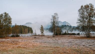 Frostige Wiese mit Bäumen und nebligen Bergen beim Schlosshotel Kitzbühel
