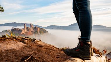 Pfalzblick Wald Spa Resort Aussicht auf Burg und Nebel von einem Wanderer