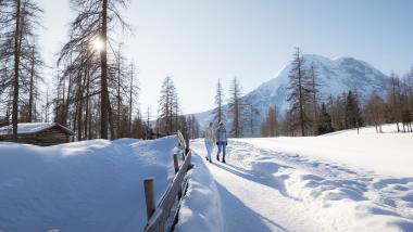 Person lying in flower meadow in front of mountain at Post Seefeld - Wellnesshotel Tirol