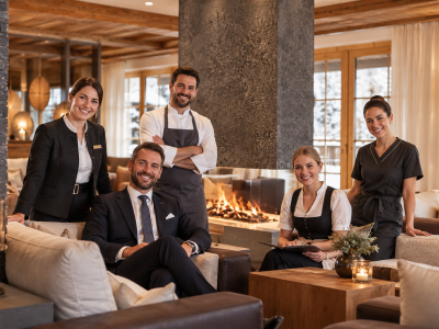 Équipe de l’Hotel Jagdhof Pfurtscheller dans le salon près de la cheminée