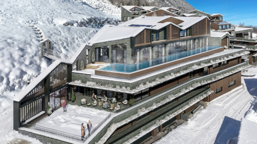 Moderne Architektur des Designer Motels Glockna in Fusch am Großglockner mit Infinity-Pool auf der Dachterrasse und schneebedeckten Alpen im Hintergrund.