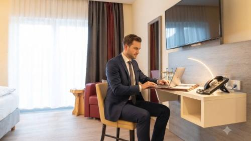 Geschäftsmann arbeitet im Mythenresort Heimdall Hotelzimmer an Laptop