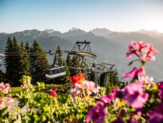 Bergbahn und Blumen vor Alpenpanorama beim Sporthotel Silvretta Montafon Gaschurn