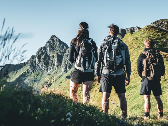 Drei Wanderer stehen mit Rucksack in der Natur und blicken auf die umliegenden Berggipfel