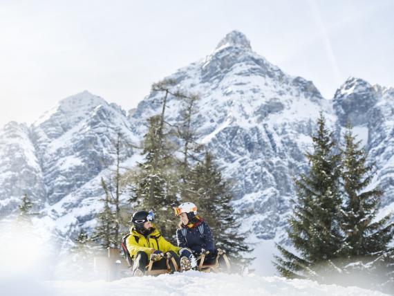Premium Activehotel Bergkönig guests sledding in front of snowy mountains