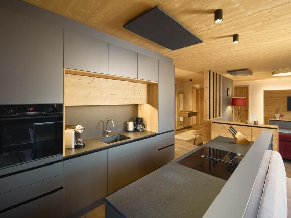 Moderne Küche im Hochfeldhof mit Holzdecke und grauen Schränken