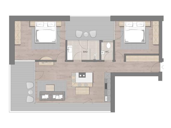 Grundriss der Hochfeldhof Wohnung mit zwei Schlafzimmern und Balkon