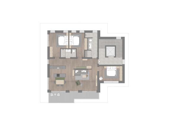 Grundriss einer Wohnung im Hochfeldhof mit drei Zimmern und Balkon