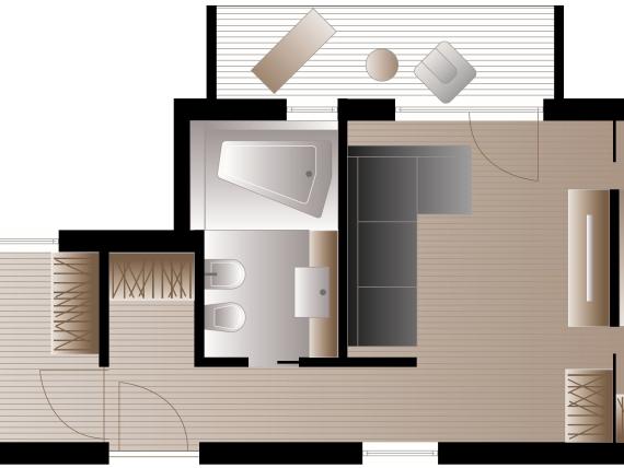Grundriss einer Zimmerwohnung im Naturhotel Die Waldruhe mit Balkon und Bad