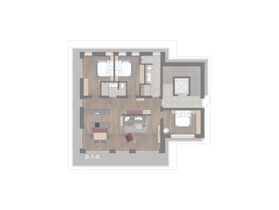 Grundriss der Wohnung Hochfeldhof mit Wohnzimmer, Schlafzimmern und Terrasse