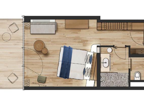 Grundriss eines Hotelzimmers im Seezeitlodge Hotel & Spa mit Balkon und Bad