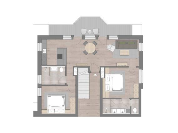 Hochfeldhof Grundriss mit Wohnbereich, Küche, Schlafzimmer und Badezimmer