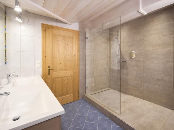 Modernes Badezimmer mit Dusche und Holzdecke im Hochfeldhof