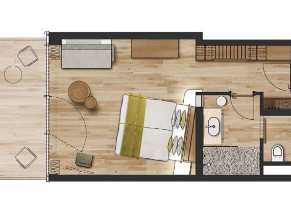 Grundriss einer Hotelzimmer Suite im Seezeitlodge Hotel & Spa mit Balkon