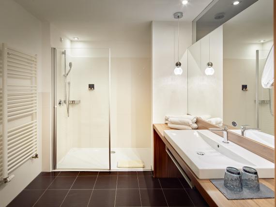 Modernes Badezimmer im Naturhotel Die Waldruhe mit Dusche und Waschbecken