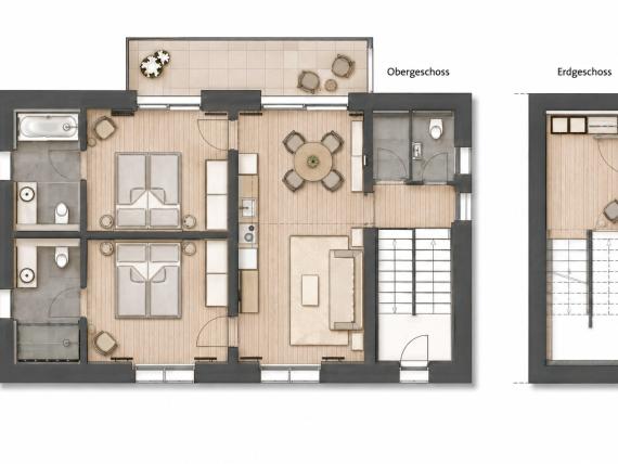 Grundriss der oberen Etage und des Erdgeschosses im Hotel Panorama