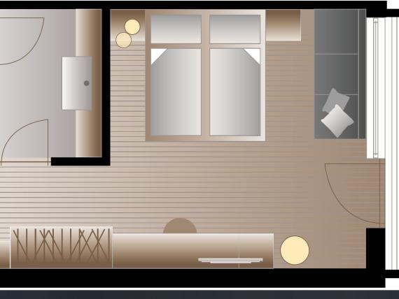 Grundriss eines Zimmers im Naturhotel Die Waldruhe mit Bad und Balkon