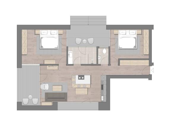 Grundriss der Wohnung Hochfeldhof mit zwei Schlafzimmern und Wohnzimmer