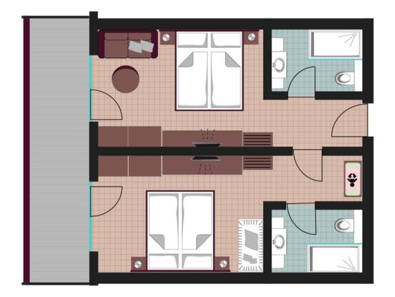 Grundriss einer Doppelzimmer-Suite im Familienresort Buchau mit zwei Badezimmern