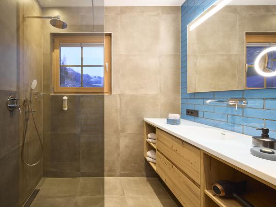 Moderner Badezimmerbereich mit Dusche und Waschbecken im Hochfeldhof
