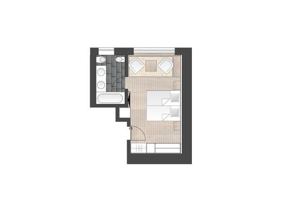 Grundriss eines Zimmers im Hotel Panorama mit Bad und Wohnbereich