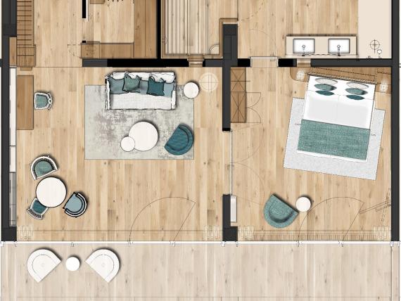 Grundriss einer Suite im Seezeitlodge Hotel & Spa mit Wohnbereich, Schlafzimmer und Bad