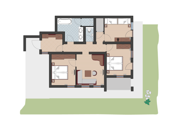 Floor plan of an apartment at Familienresort Buchau with two bedrooms and bathroom