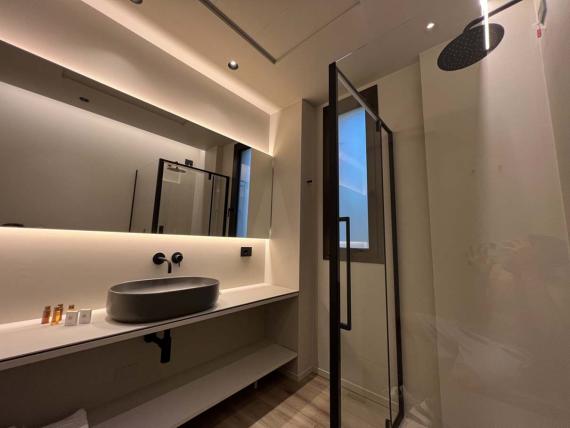 Bagno moderno in Evangelisti Palace Suite & Apartments con lavabo e doccia