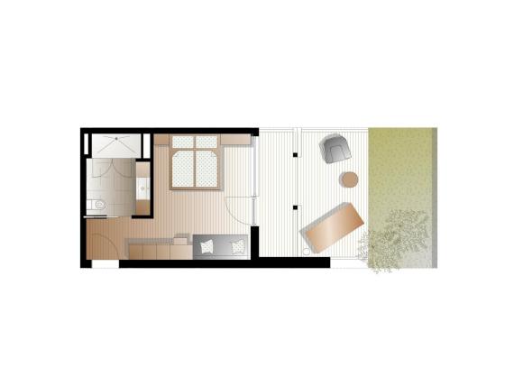 Grundrisszimmer im Naturhotel Die Waldruhe mit Terrasse und Garten