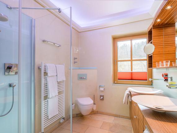Modernes Badezimmer im Hammerhof Bodenmais mit Dusche, WC und Doppelwaschbecken
