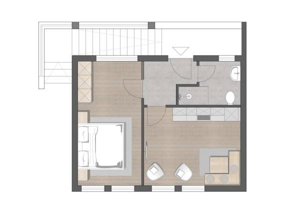 Grundrisswohnung mit Schlafzimmer und Wohnzimmer im Hochfeldhof