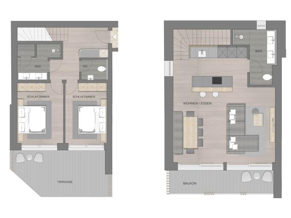 Hochfeldhof Grundriss mit zwei Schlafzimmern, Wohn- und Essbereich, Terrasse und Balkon