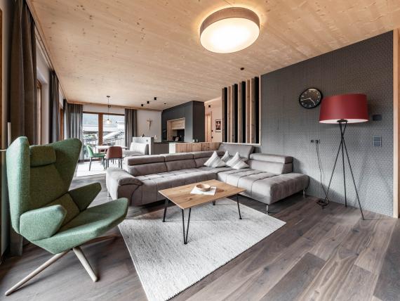 Moderne Wohnzimmer mit grüner Stuhl und grauer Couch im Hochfeldhof